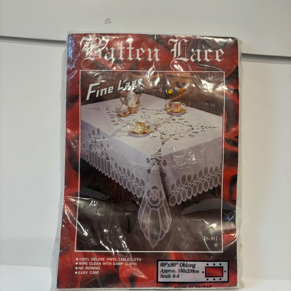 Batten Lace Fine Lace Vinyl Tablecloth White 60x90 Oblong JS-917 Seats 6-8 NEW